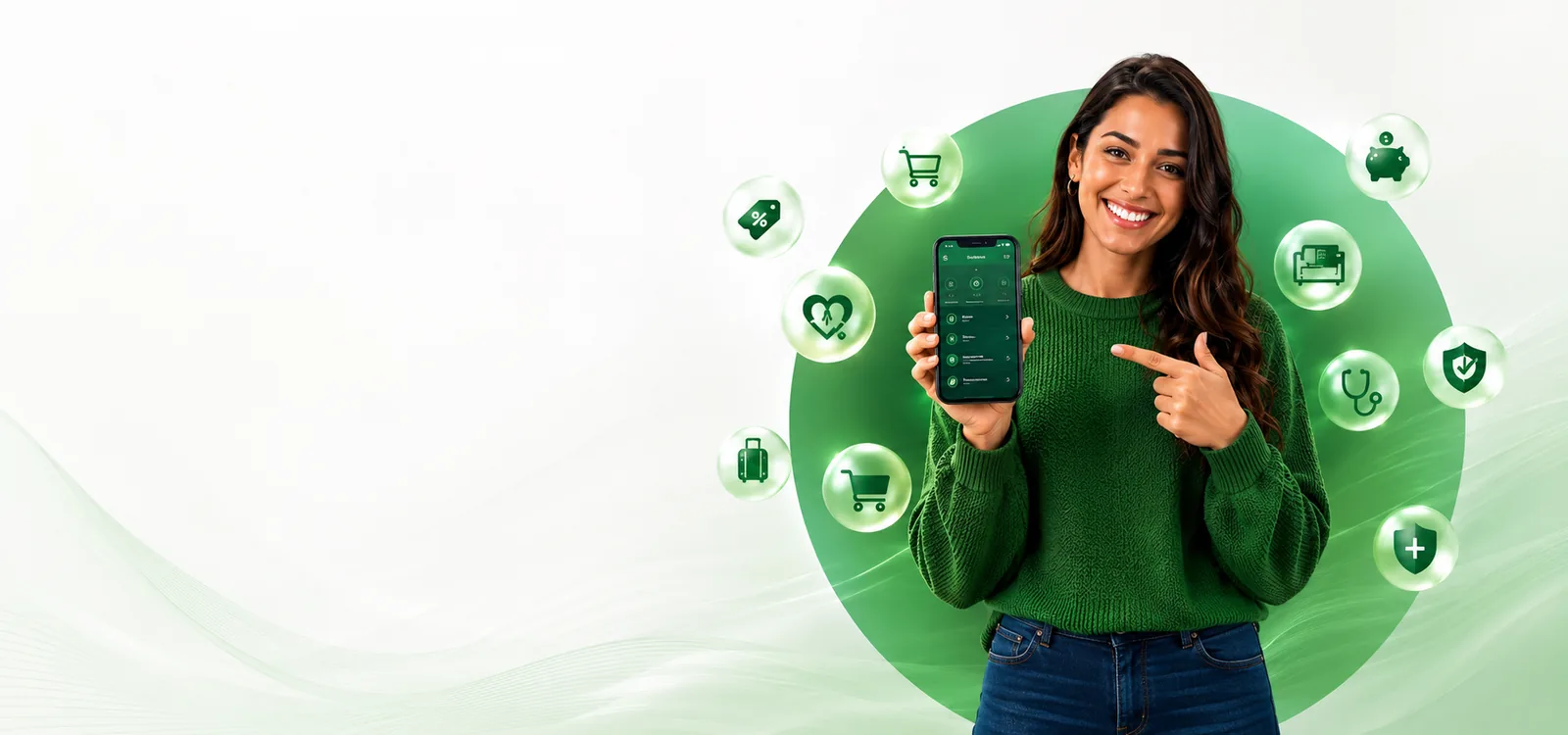 Mulher sorrindo apontando para o app Clube Bônus, cercada por ícones de benefícios